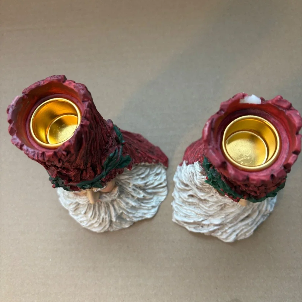 Vintage Set of 2 Santa Claus Face Tree‎ Trunk Candlestick Holders Red Holly